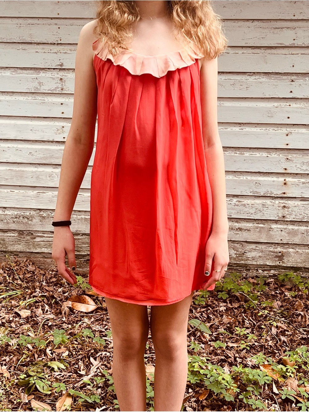 Coral Ruffle Neck Sleeveless Silk Shift Dress
